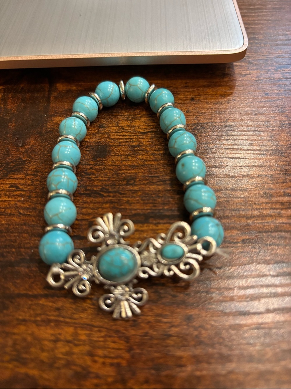 Turquoise Beaded Stretch Bracelet with Silver Filigree Cross Accent